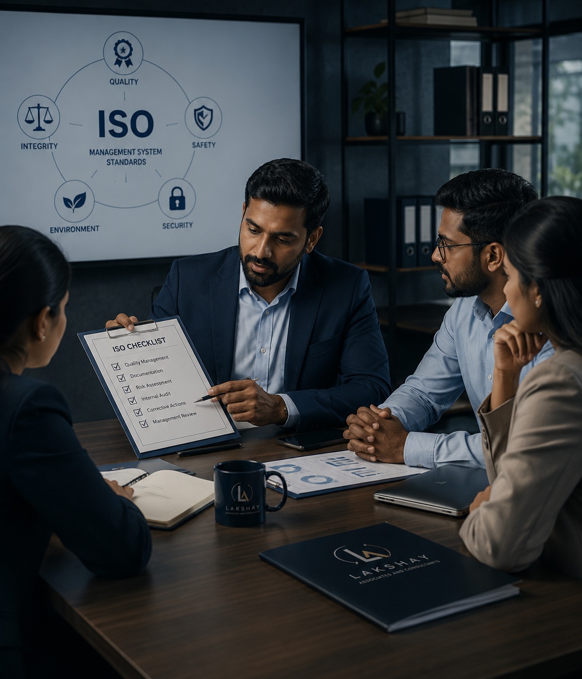 Consultant reviewing management system documentation